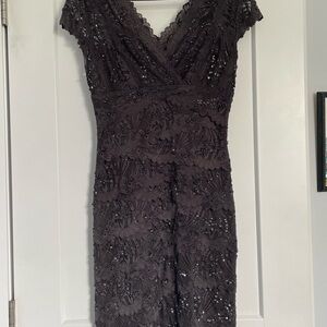 Le Chateau Grey Sheath Midi Dress V-Neck Cap Sleeve